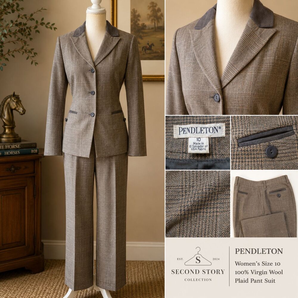 Pendleton Women 10 Virgin Wool Plaid Pant Suit Blazer Pants Brown Heritage